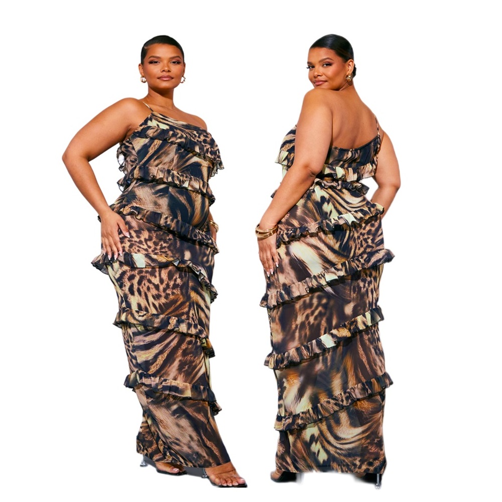 Plus Brown Leopard Printed One Shoulder Ruffle Ma… - image 1